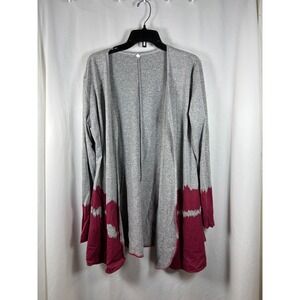 YYFS Womens XL Grey Burgundy Dip Dye Open Front Lightweight Cardigan Sweater